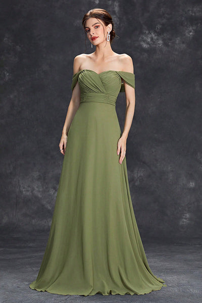 chiffon dress off shoulder Berylove Women Maxi Dress Army Green Chiffon A Line Off the Shoulder  Wedding Guest Dress