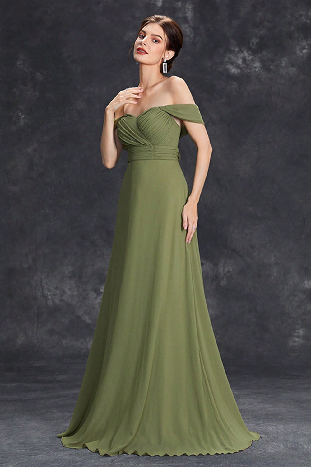 Army Green Chiffon A Line Off the Shoulder Maxi Dress