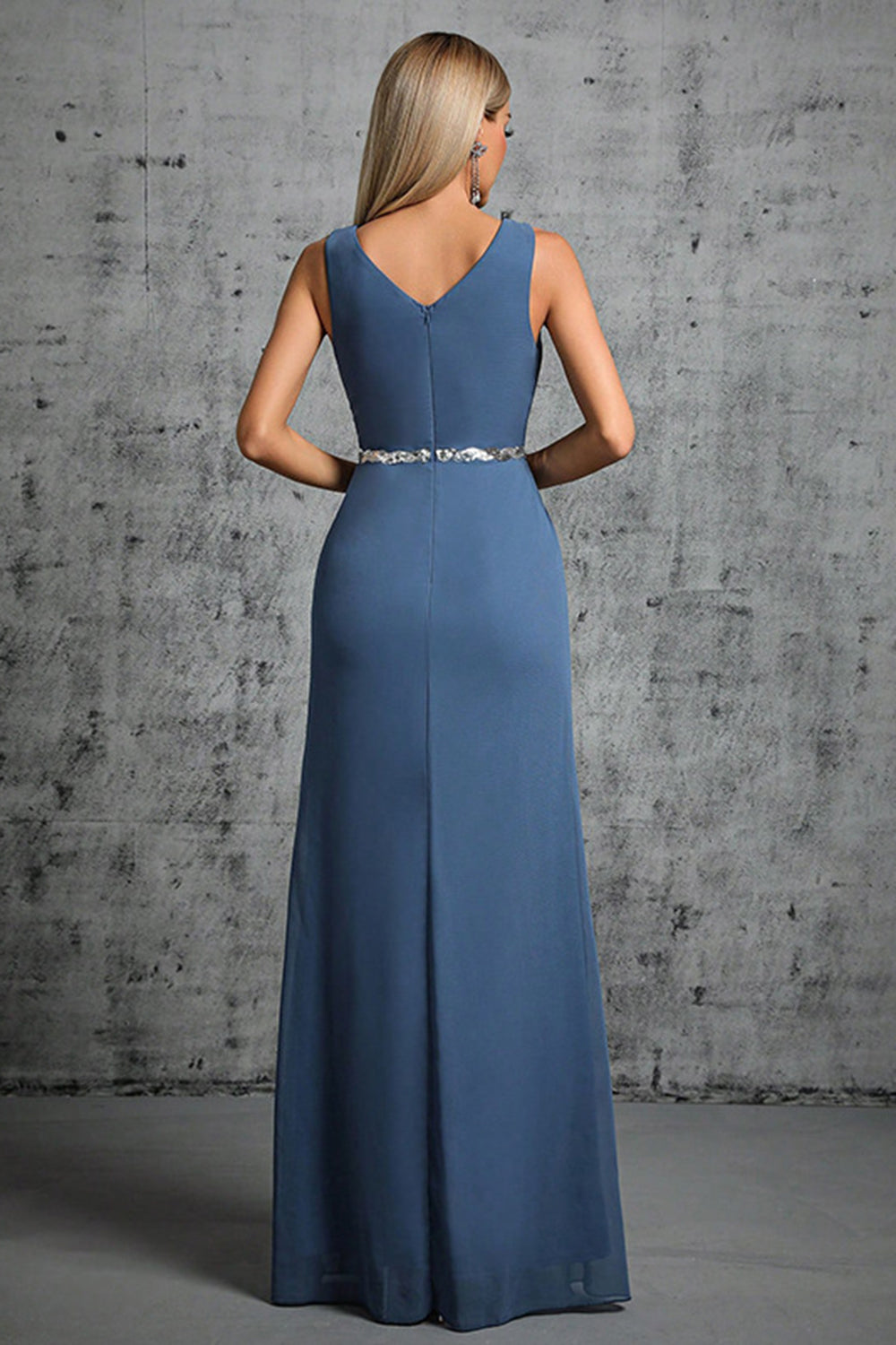 Grey Blue Chiffon A Line V Neck Maxi Dress