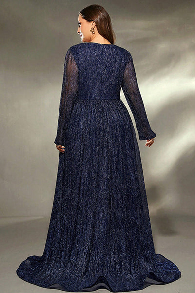 Berylove Women Maxi Mother Dress Plus Size Sparkly Navy A Line V Neck Wedding Party Guest Dress with Long Sleeves, Navy / 3XL Berylove Women Maxi Mother Dress Plus Size Sparkly Navy A Line V Neck Wedding Party Guest Dress with Long Sleeves, Navy / 3XL