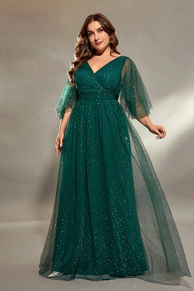 Berylove Women Maxi Mother Dress Sparkly Dark Green Plus Size A Line Tulle Wedding Party Guest Dress with Sleeves