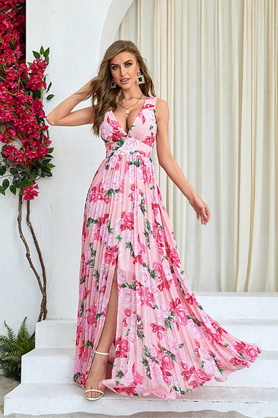Berylove Women Pink Flower Pleated A Line Wedding Party Guest Dress with Slit Floral Print Maxi Dress, Pink Flower / XL Berylove Women Pink Flower Pleated A Line Wedding Party Guest Dress with Slit Floral Print Maxi Dress, Pink Flower / XL