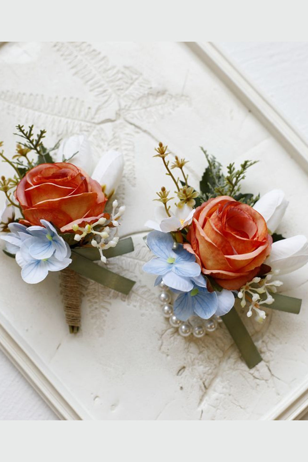 Apricot Wedding Wrist Corsage Boutonniere Set