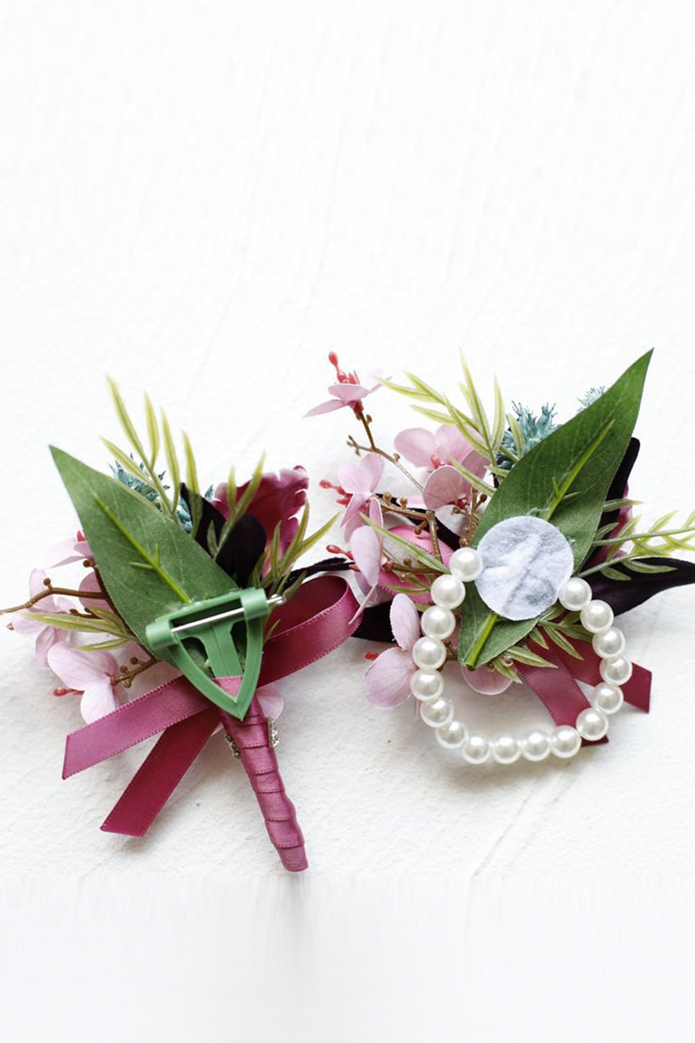 Wedding Burgundy Wrist Corsage and Boutonniere Set