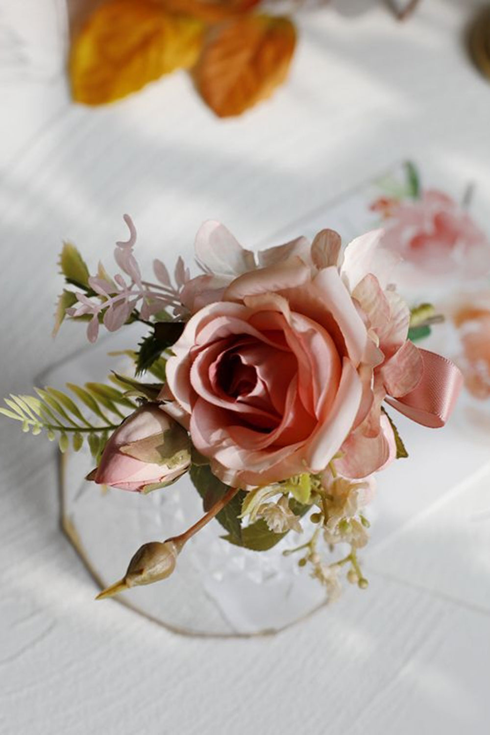 Romantic Apricot Wrist Corsage and Boutonniere Set for Wedding