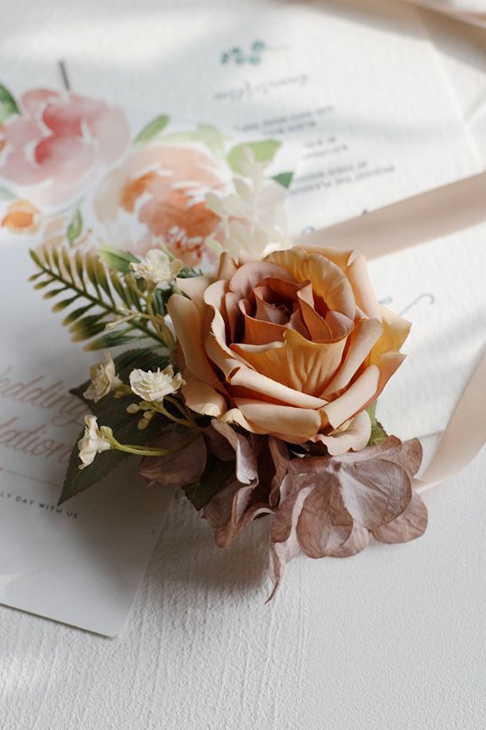 Romantic Apricot Wrist Corsage and Boutonniere Set for Wedding