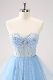 Sky Blue A Line Sweetheat Corset Tulle Mini Dress with Sequins