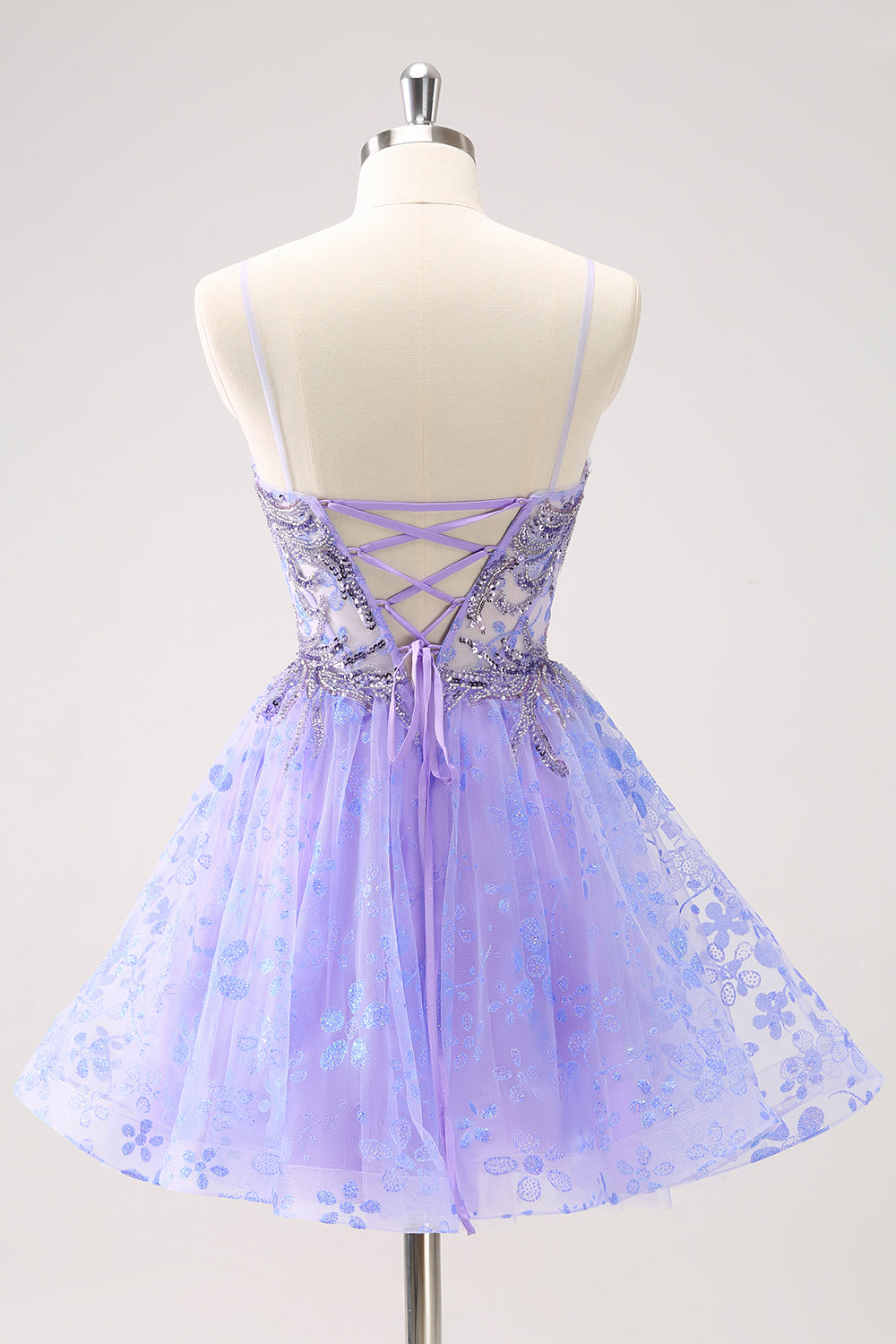 Sparkly Lilac A Line Spaghetti Straps Mini Dress with Sequins