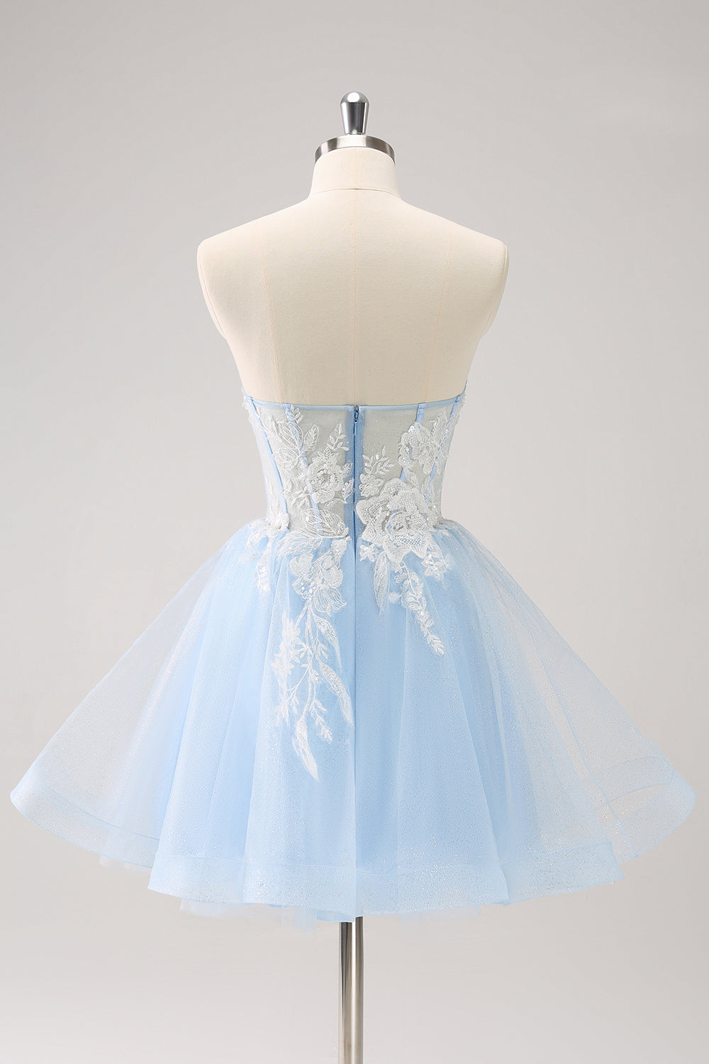 Elegant Blue Sequined A Line Corset Floral Appliques Mini Dress