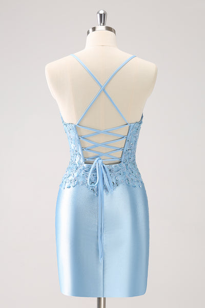 Berylove Women Glitter Blue Appliques Corset Homecoming Dress Satin Sequins Tight Mini Party Dress with Lace up Back, Blue / US2