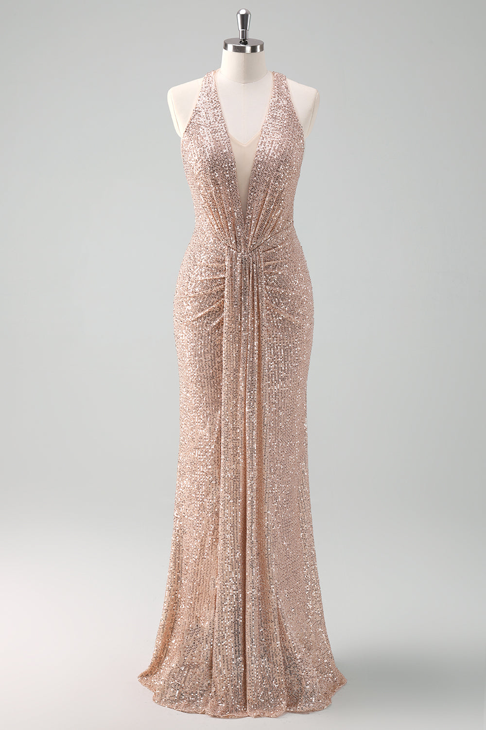 Sparkly Blush Mermaid Halter Backless Long Prom Dress