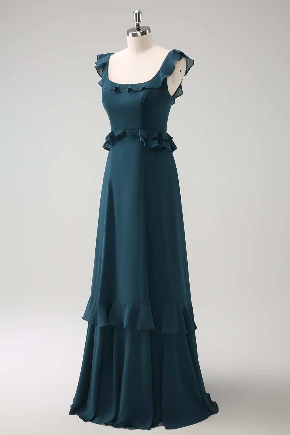 Dark Peacock Green Square Neck A Line Chiffon Bridesmaid Dress