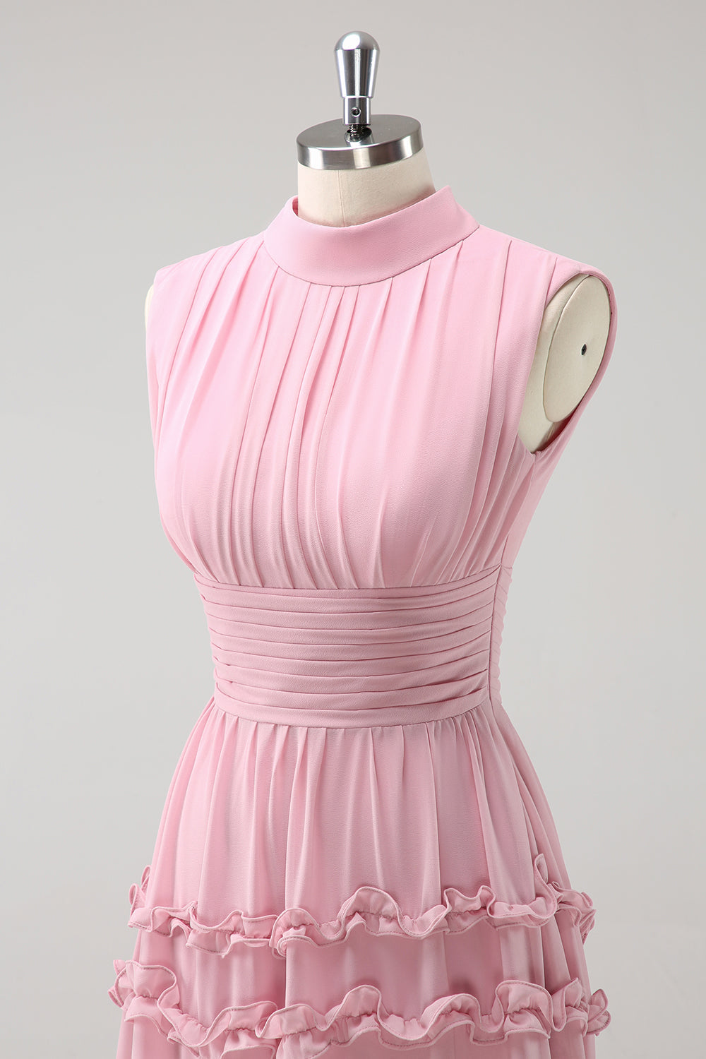Blush Ruffled Chiffon A Line Bridesmaid Dress with Open Back