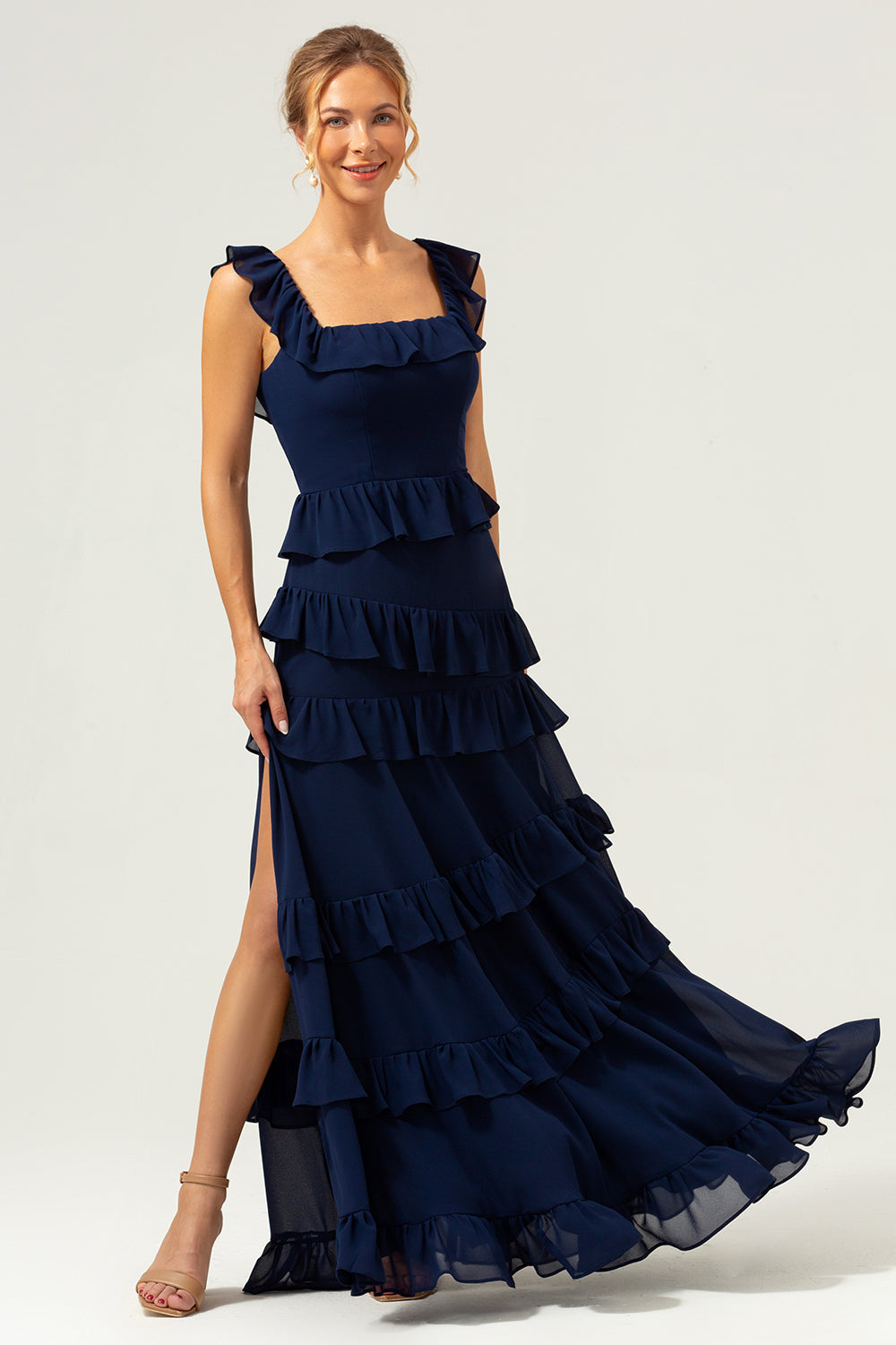 Dark Navy A Line Tiered Chiffon Maxi Bridesmaid Dress