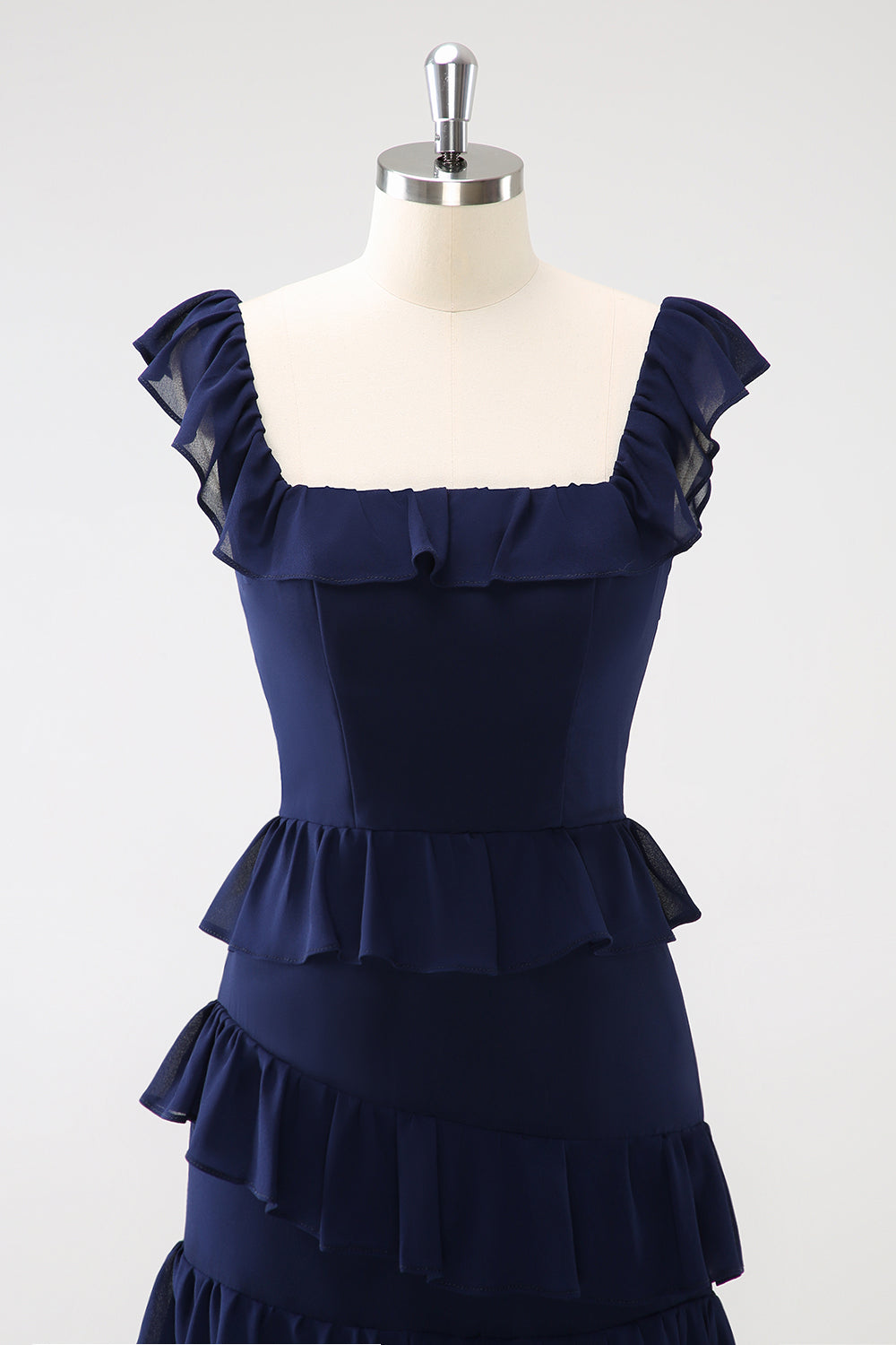 Dark Navy A Line Tiered Chiffon Maxi Bridesmaid Dress