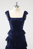 Dark Navy A Line Tiered Chiffon Maxi Bridesmaid Dress