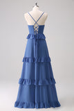 Dark Blue A Line Tiered Ruffle Maxi Dress with Lace-Up Back