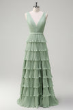 Dusty Sage Tiered Ruffle V Neck Bridesmaid Dress with Slit