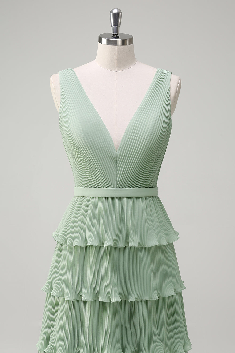 Dusty Sage Tiered Ruffle V Neck Bridesmaid Dress with Slit