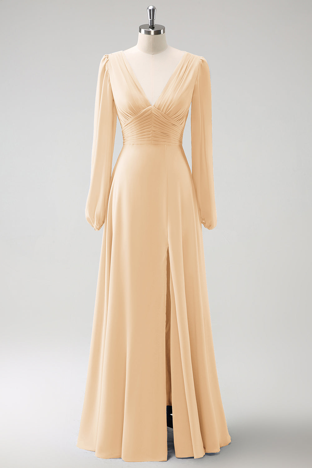 A Line Grey Blue V Neck Chiffon Bridesmaid Dress with Long Sleeves