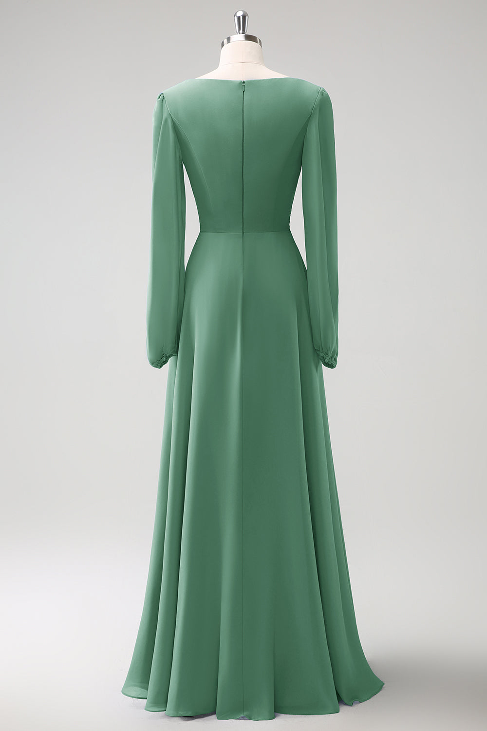 A Line Grey Blue V Neck Chiffon Bridesmaid Dress with Long Sleeves