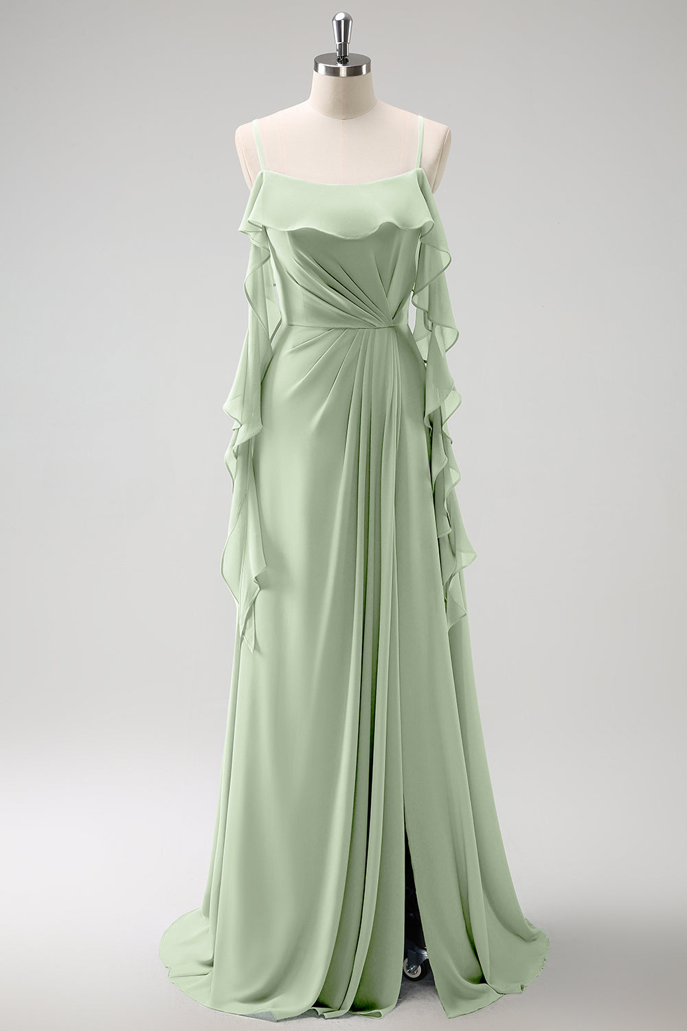 Grey Blue A Line Spaghetti Straps Chiffon Long Bridesmaid Dress with Slit