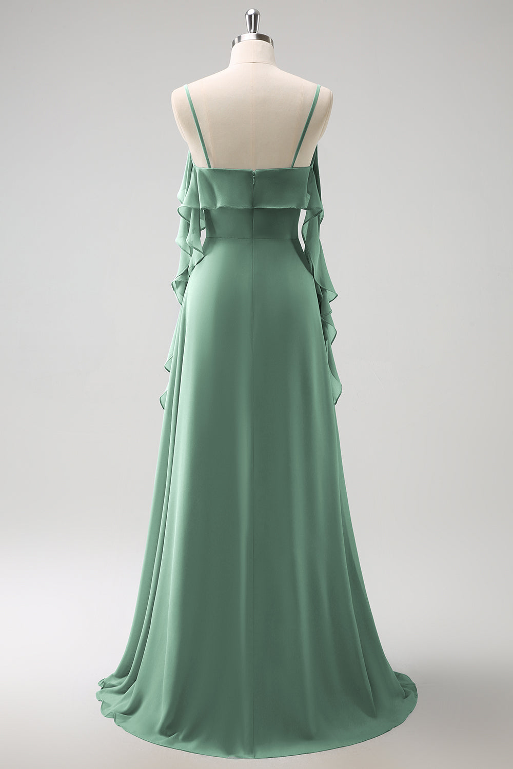Grey Blue A Line Spaghetti Straps Chiffon Long Bridesmaid Dress with Slit