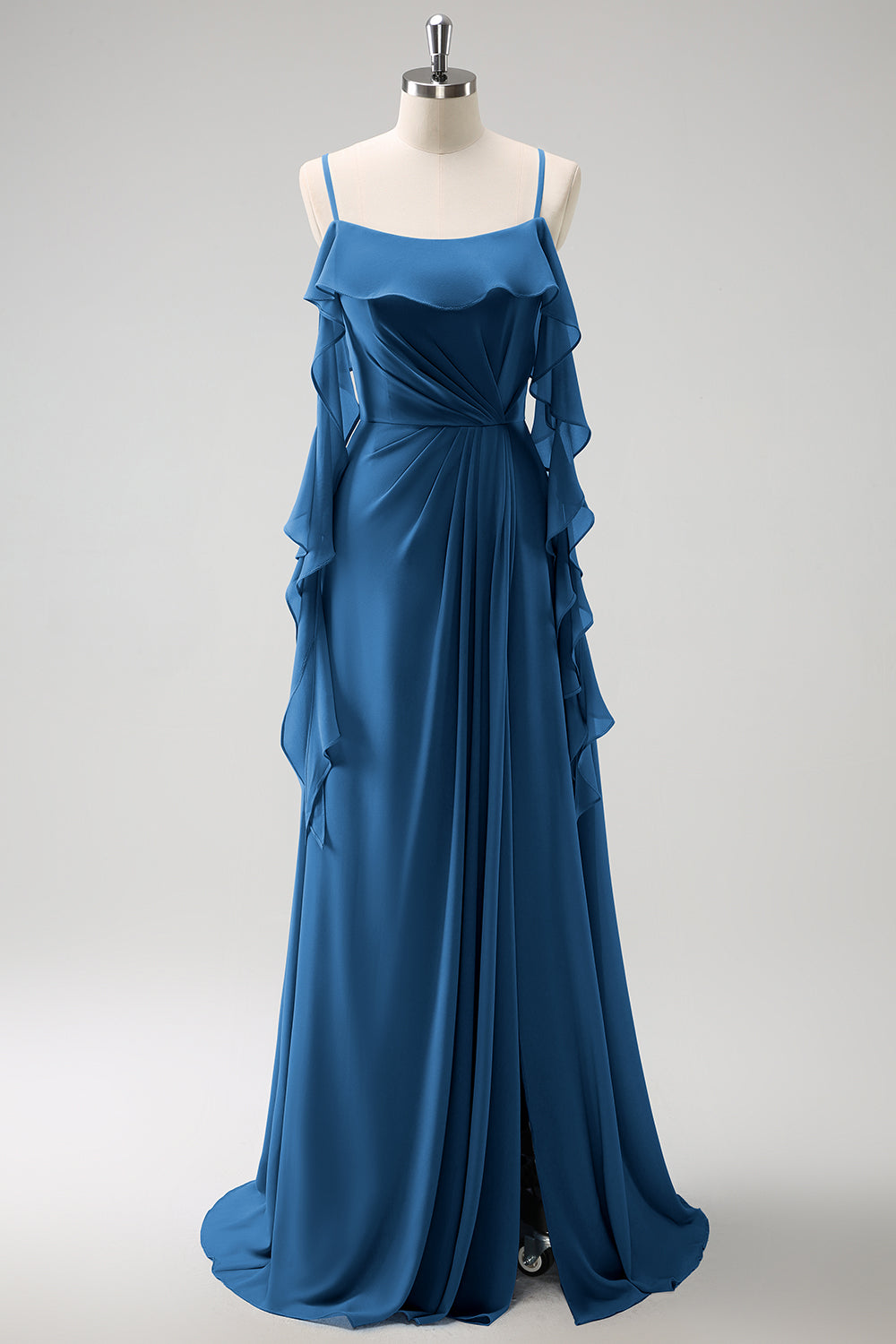 Grey Blue A Line Spaghetti Straps Chiffon Long Bridesmaid Dress with Slit