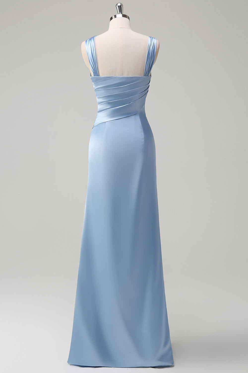 Sky Blue Ruched Satin Bridesmaid Dress with Slit
