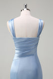 Sky Blue Ruched Satin Bridesmaid Dress with Slit