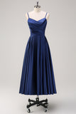 Navy Spaghetti Straps Ruched A Line Tea Length Dress