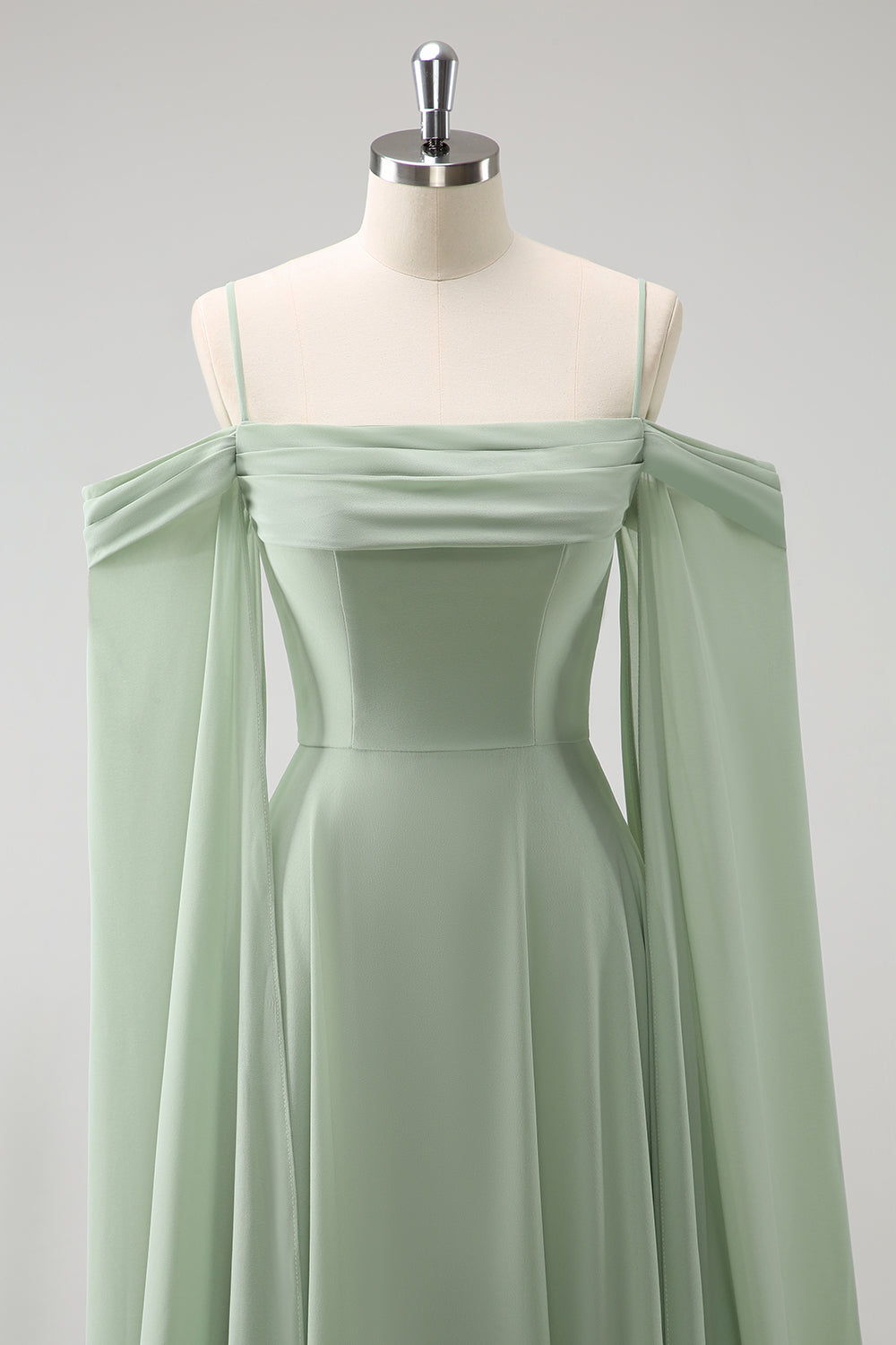 Light Green Cold Shoulder Detachable Sleeves A Line Chiffon Maxi Bridesmaid Dress