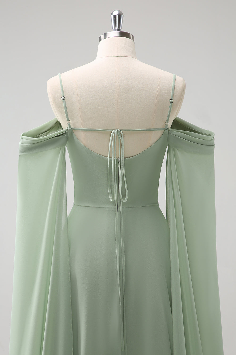 Light Green Cold Shoulder Detachable Sleeves A Line Chiffon Maxi Bridesmaid Dress