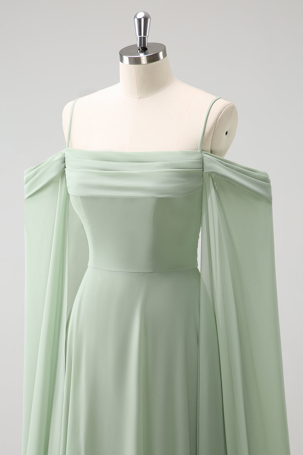Light Green Cold Shoulder Detachable Sleeves A Line Chiffon Maxi Bridesmaid Dress