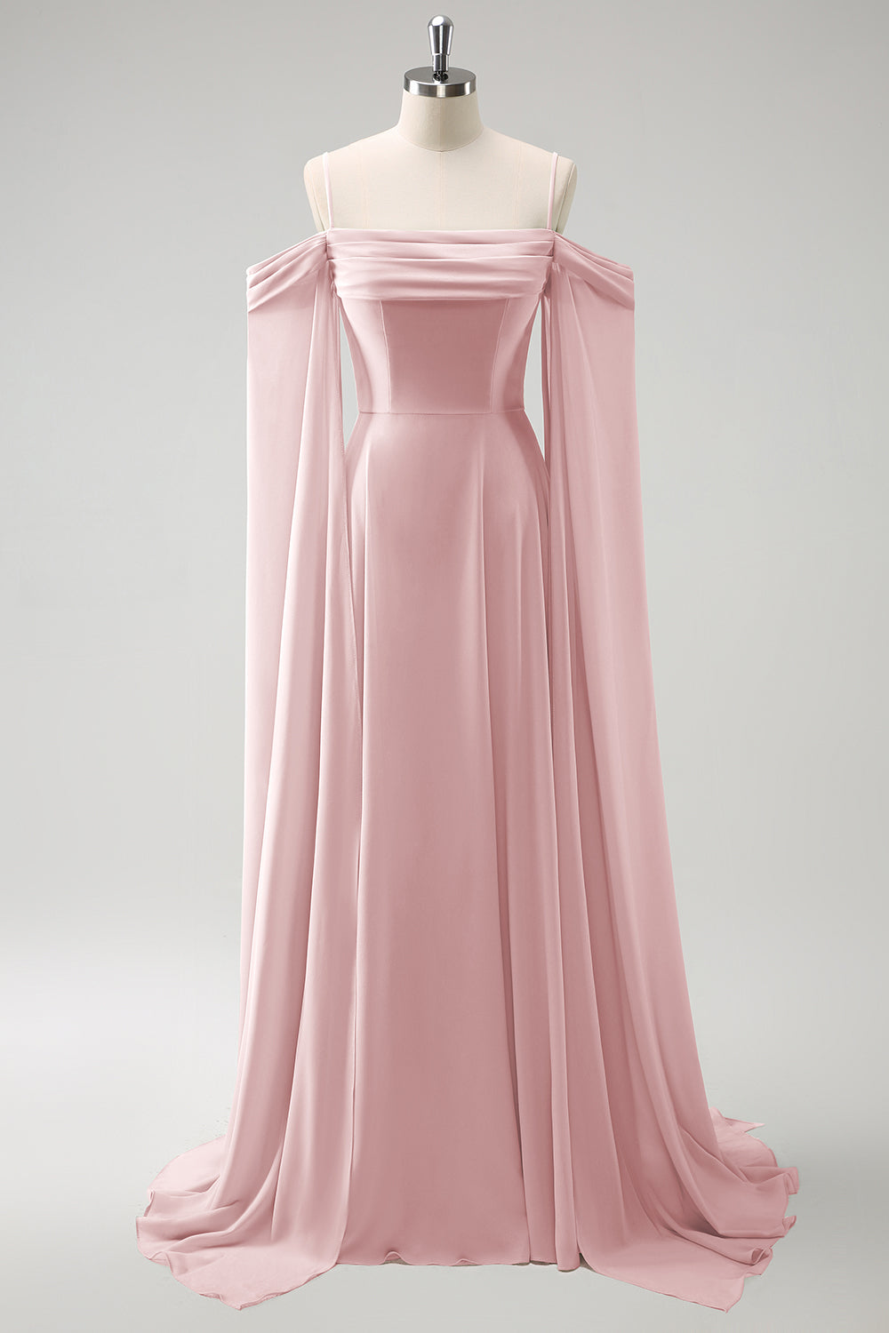Light Green Cold Shoulder Detachable Sleeves A Line Chiffon Maxi Bridesmaid Dress