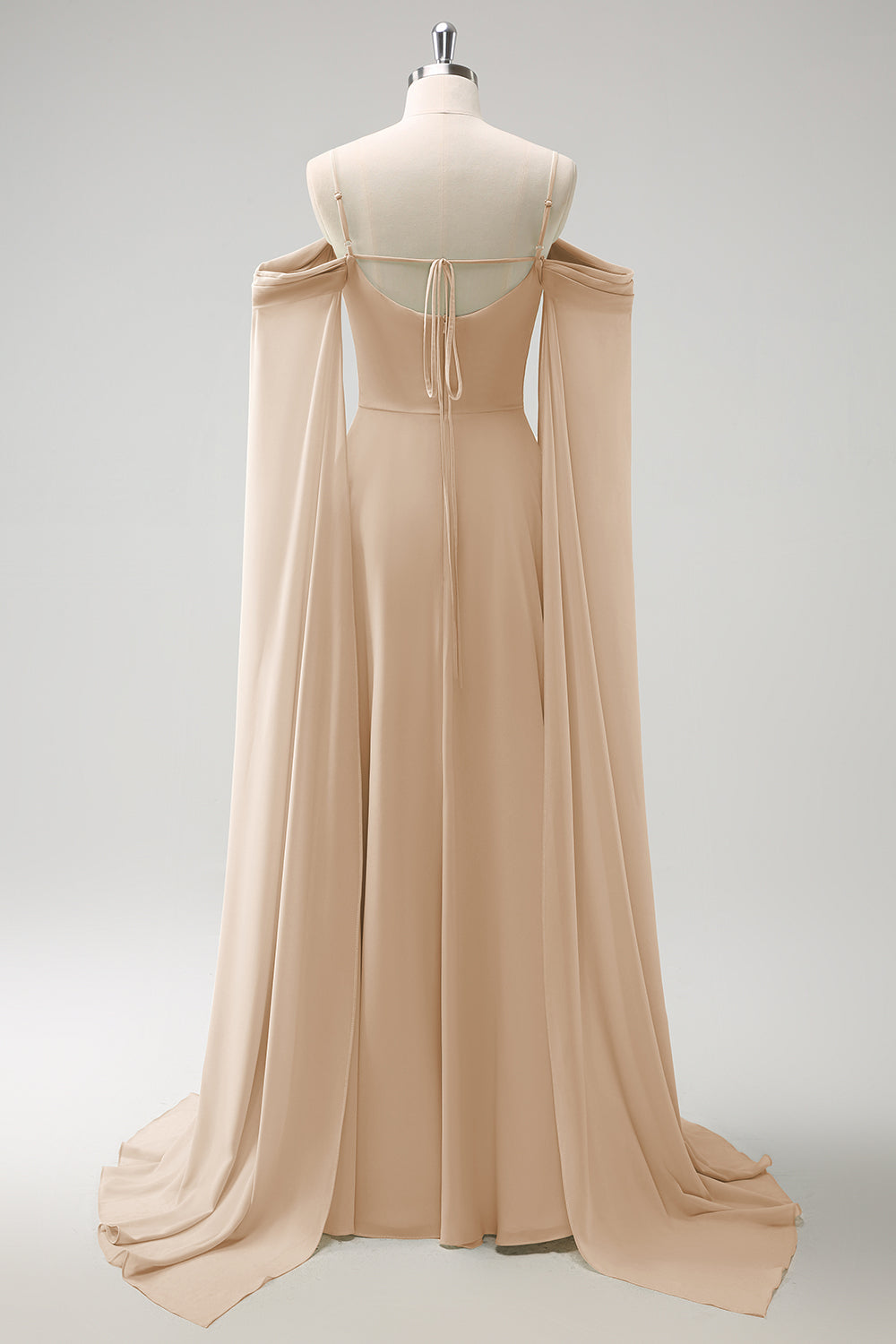 Light Green Cold Shoulder Detachable Sleeves A Line Chiffon Maxi Bridesmaid Dress