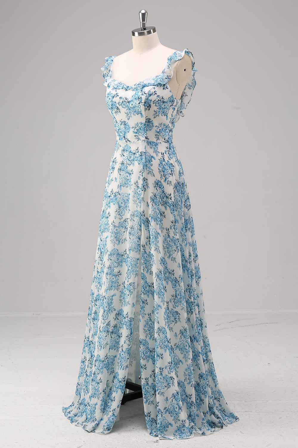White Blue Flower A Line Square Neck Maxi Bridesmaid Dress with Slit