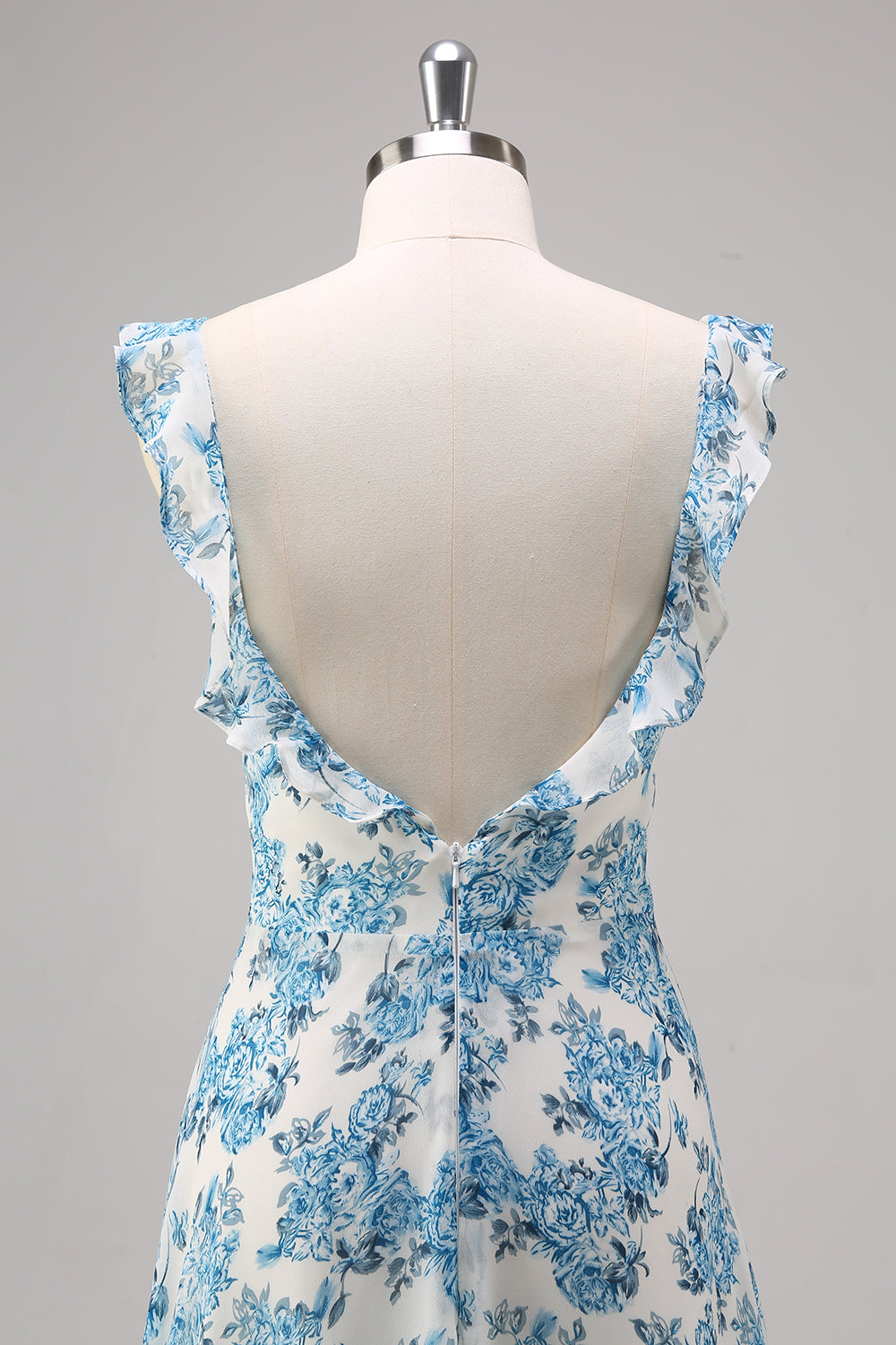 White Blue Flower A Line Square Neck Maxi Bridesmaid Dress with Slit