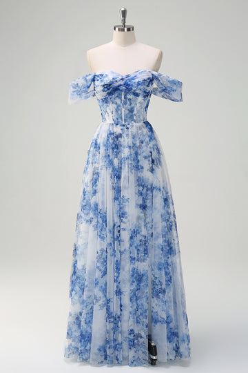 White Blue Flower Corset Off the Shoulder Maxi Dress