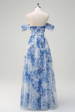 White Blue Flower Corset Off the Shoulder Maxi Dress