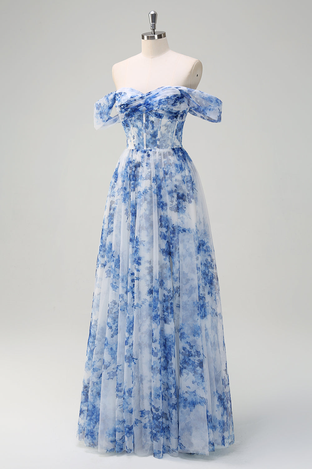 White Blue Flower Corset Off the Shoulder Maxi Dress