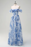 White Blue Flower Corset Off the Shoulder Maxi Dress