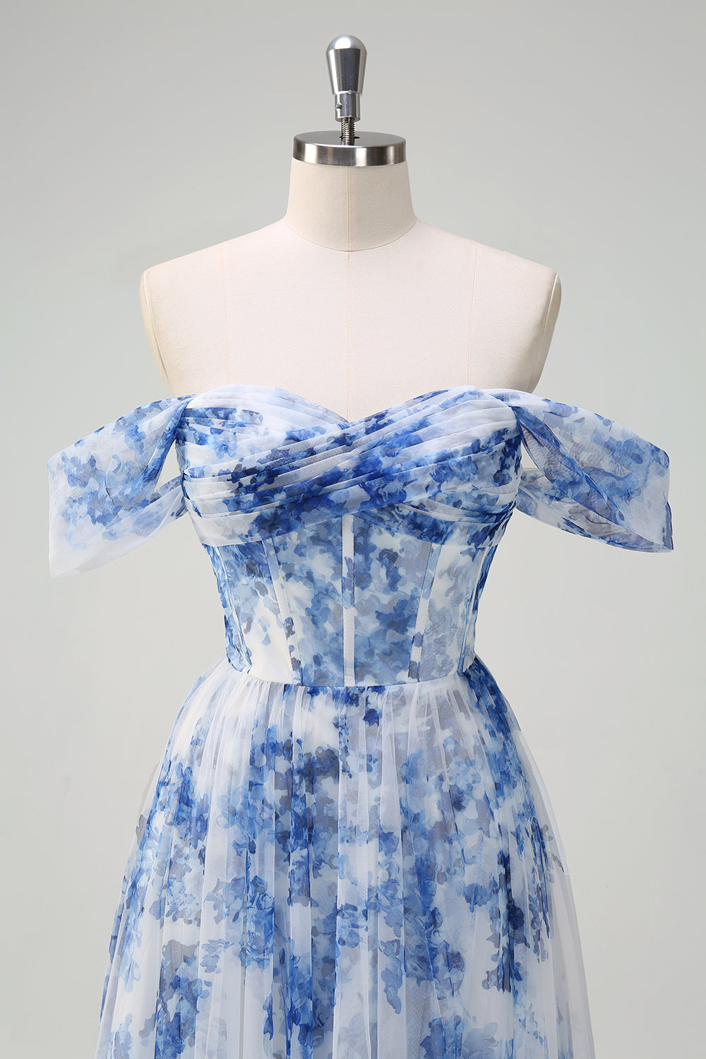 White Blue Flower Corset Off the Shoulder Maxi Dress