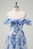 White Blue Flower Corset Off the Shoulder Maxi Dress