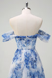White Blue Flower Corset Off the Shoulder Maxi Dress