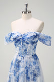 White Blue Flower Corset Off the Shoulder Maxi Dress