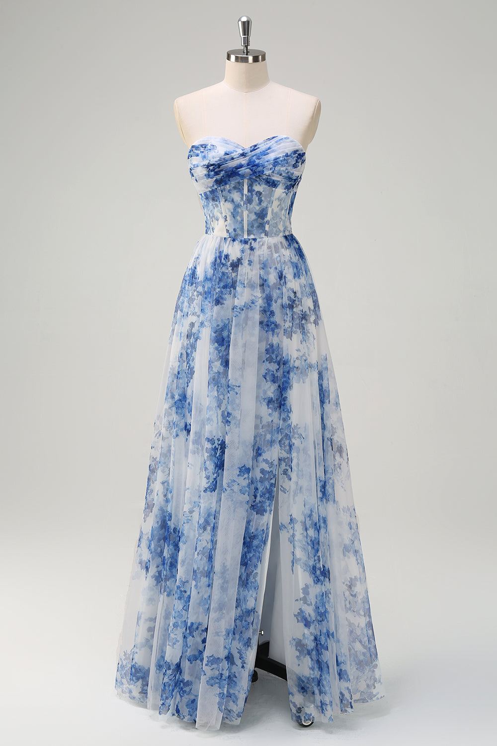 White Blue Flower Corset Off the Shoulder Maxi Dress
