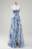 White Blue Flower Corset Off the Shoulder Maxi Dress