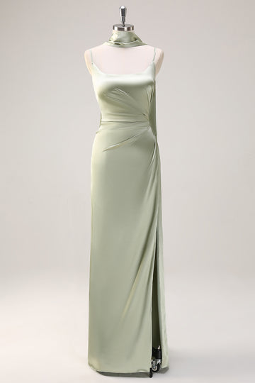 Sage Sheath Spaghetti Straps Slit Bridesmaid Dress with Ribbon