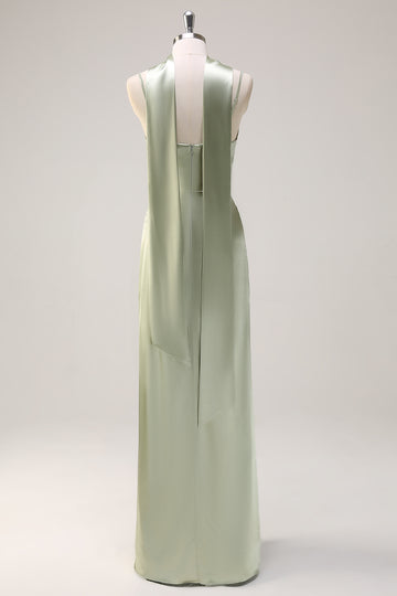 Sage Sheath Spaghetti Straps Slit Bridesmaid Dress with Ribbon